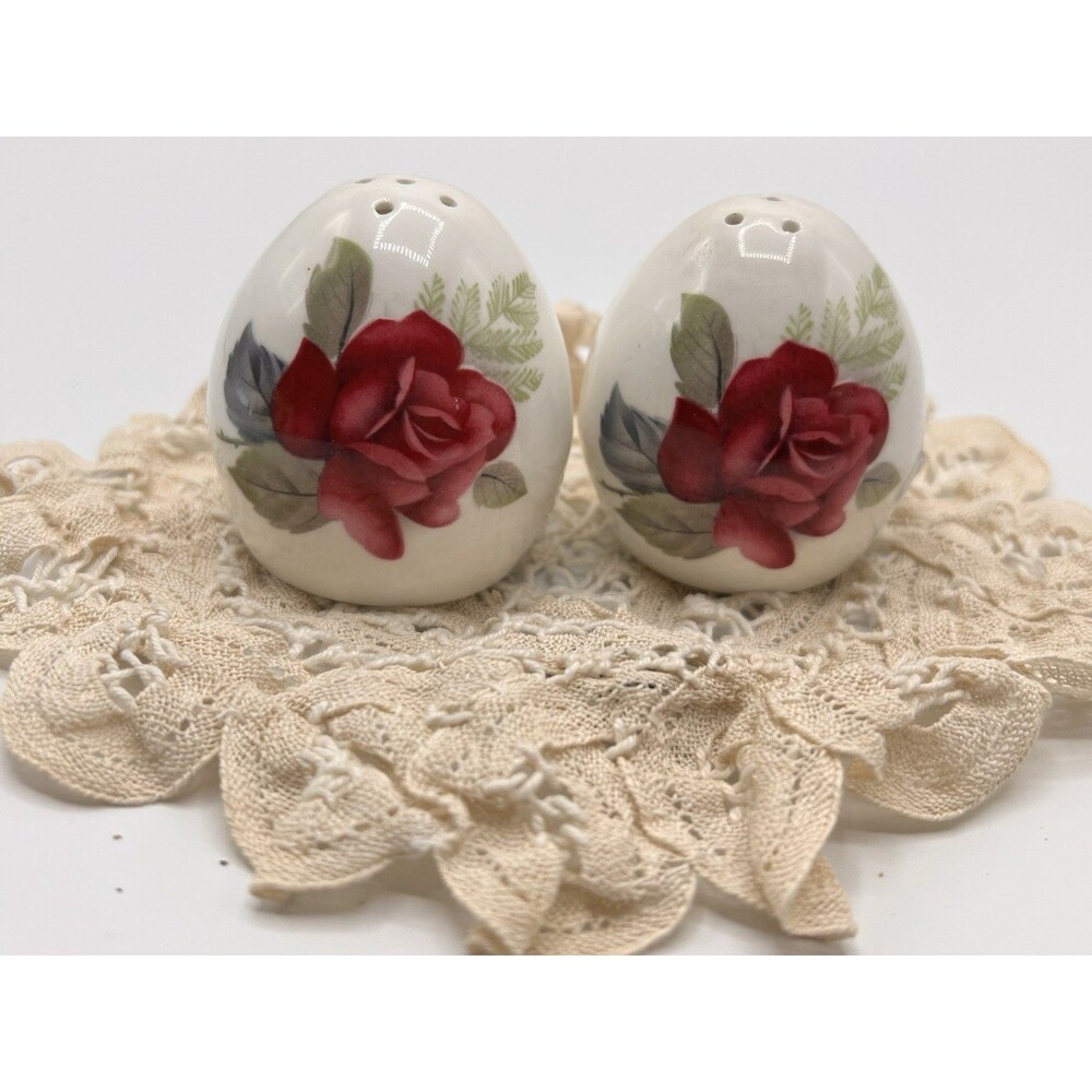 Pair Sanford Fine Bone China Salt Pepper Shakers Maroon Roses England Cottage